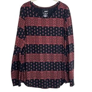 Sonoma Womens The Everyday Tee XXL Black Red Mixed Print Long Sleeve Round Neck